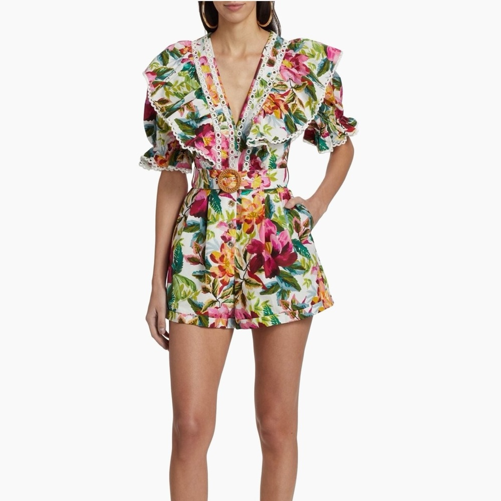 Farm Rio painted Flowers Belted Romper Off White Smal